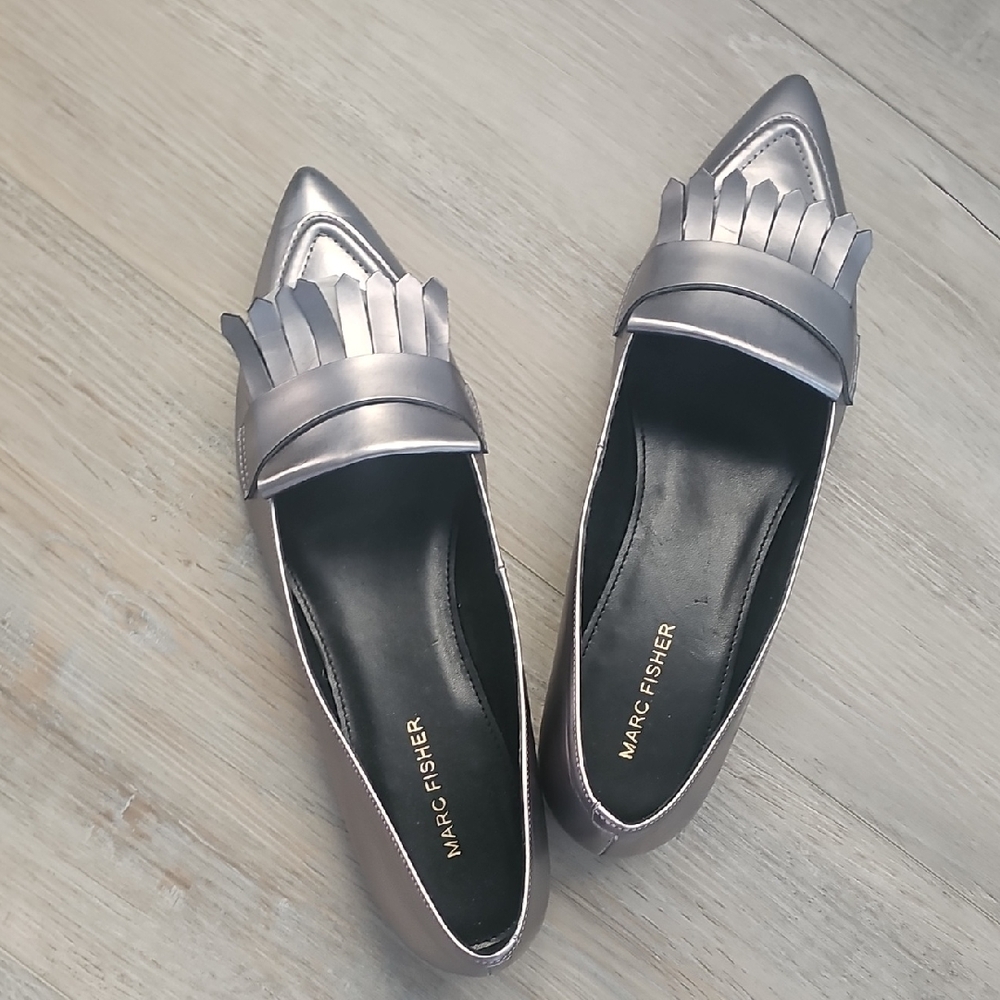 Marc Fisher Metallic Silver Pointed Fringe Loafers